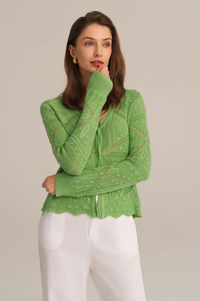 Grace Karin Hollowed-out Long Sleeve V-Neck Cropped Knitted Cardigan