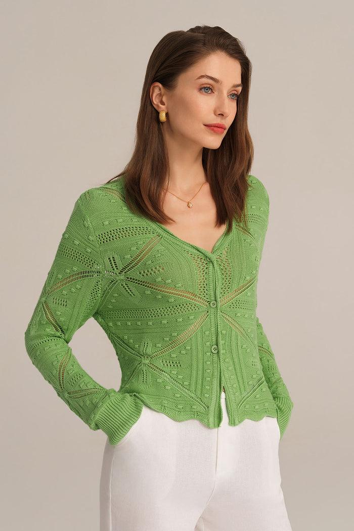 grace karin Hollowed-out Long Sleeve V-Neck Cropped Knitted Cardigan