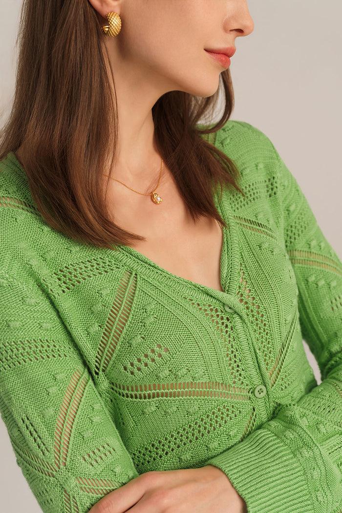 Grace Karin Hollowed-out Long Sleeve V-Neck Cropped Knitted Cardigan