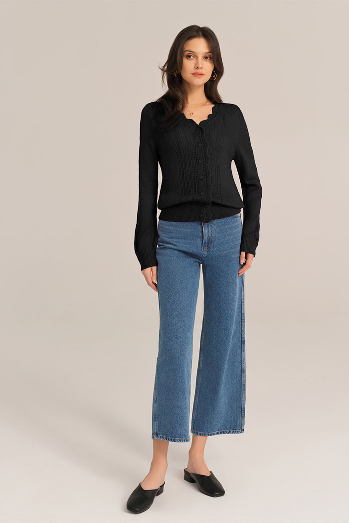 Grace Karin Hollowed-out Long Sleeve V-Neck Wide Ribbed Hem Knitted Cardigan - Black