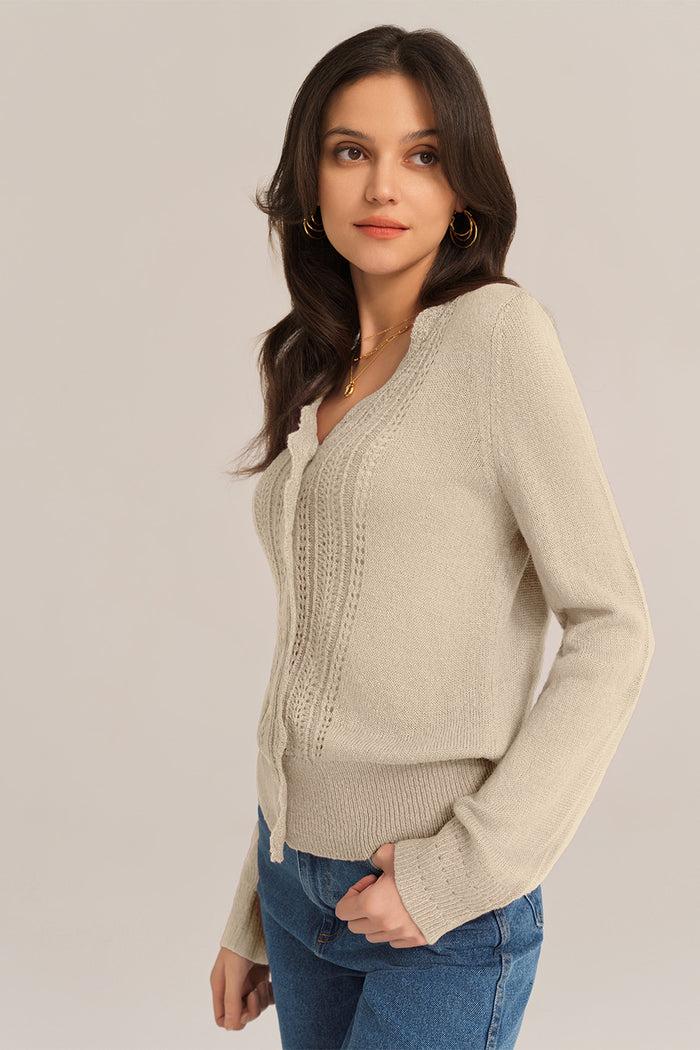 Grace Karin Hollowed-out Long Sleeve V-Neck Wide Ribbed Hem Knitted Cardigan - Apricot