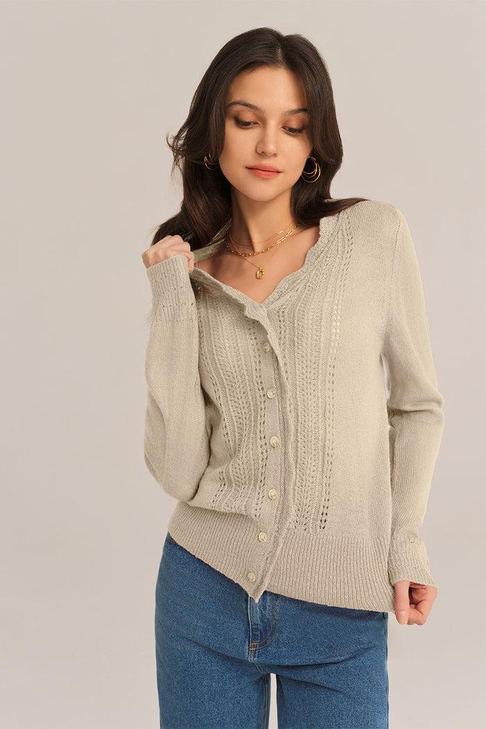 grace karin Hollowed-out Long Sleeve V-Neck Wide Ribbed Hem knitted Cardigan - Apricot