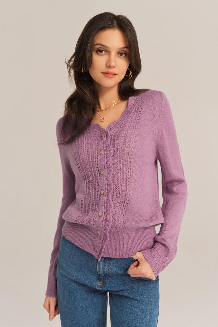 Grace Karin Hollowed-out Long Sleeve V-Neck Wide Ribbed Hem Knitted Cardigan - Purple