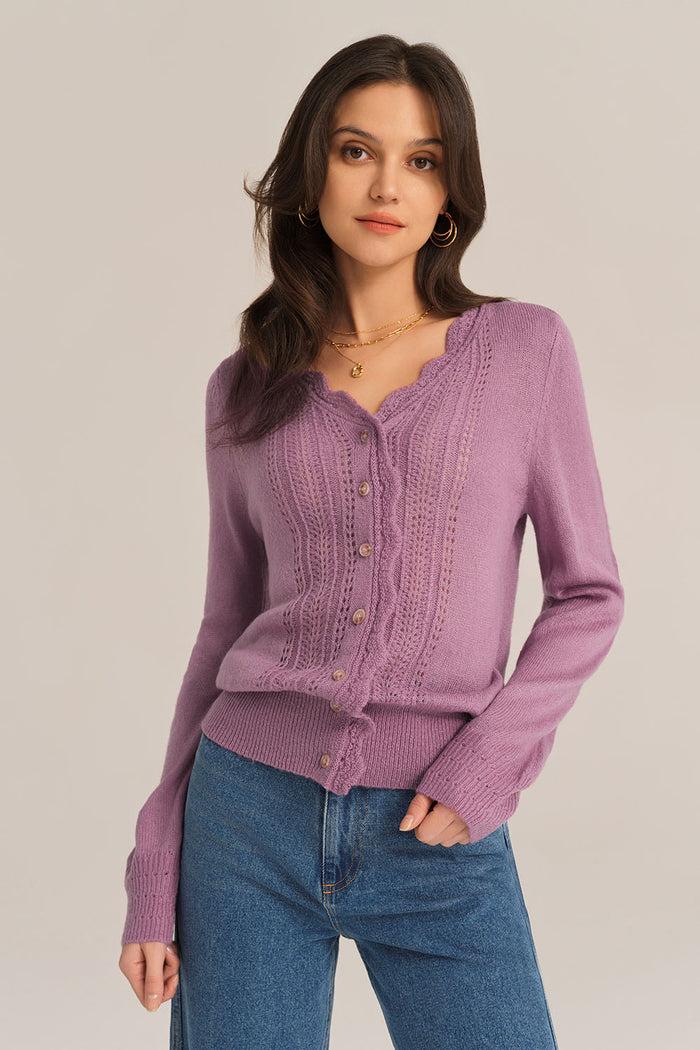 grace karin Hollowed-out Long Sleeve V-Neck Wide Ribbed Hem knitted Cardigan - Purple