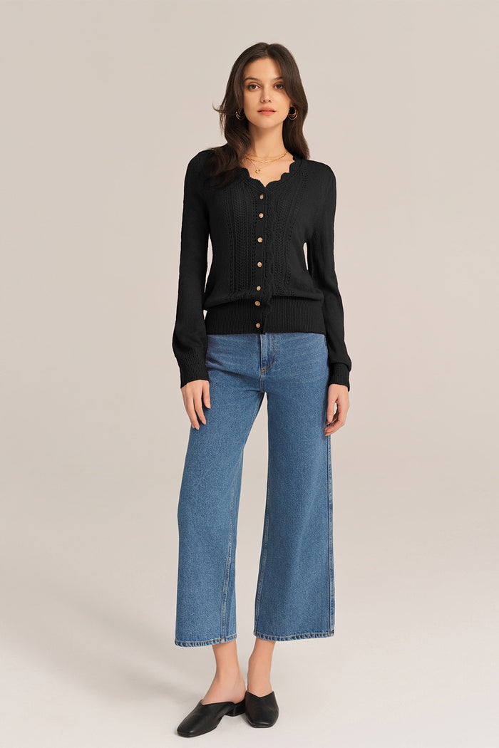 Grace Karin Hollowed-out Long Sleeve V-Neck Wide Ribbed Hem Knitted Cardigan - Black