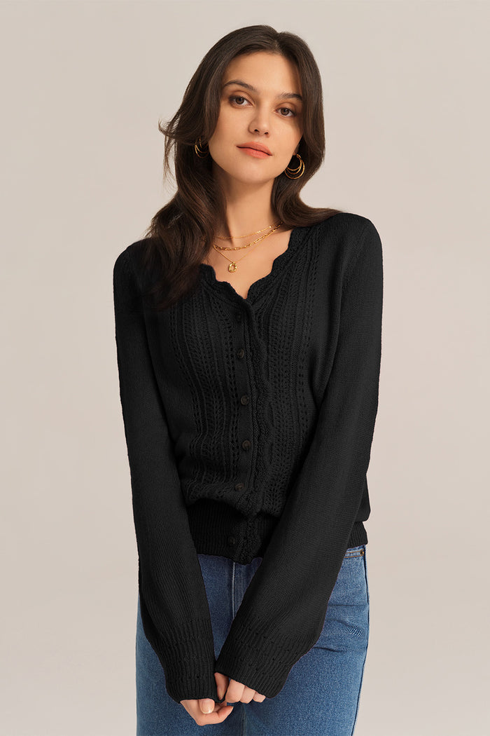 grace karin Hollowed-out Long Sleeve V-Neck Wide Ribbed Hem knitted Cardigan - Black