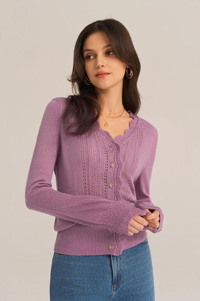 Grace Karin Hollowed-out Long Sleeve V-Neck Wide Ribbed Hem Knitted Cardigan - Purple