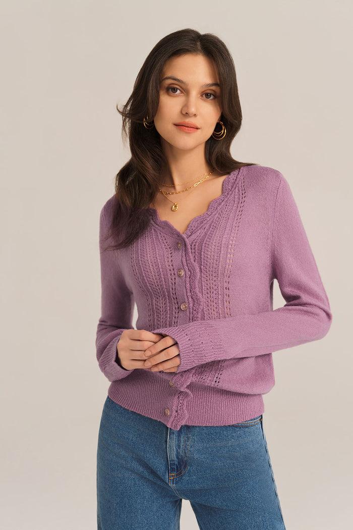 Grace Karin Hollowed-out Long Sleeve V-Neck Wide Ribbed Hem Knitted Cardigan - Purple