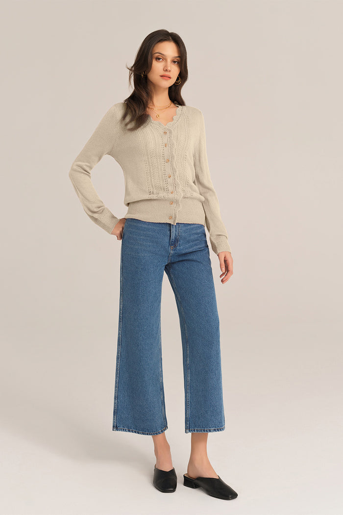 Grace Karin Hollowed-out Long Sleeve V-Neck Wide Ribbed Hem Knitted Cardigan - Apricot