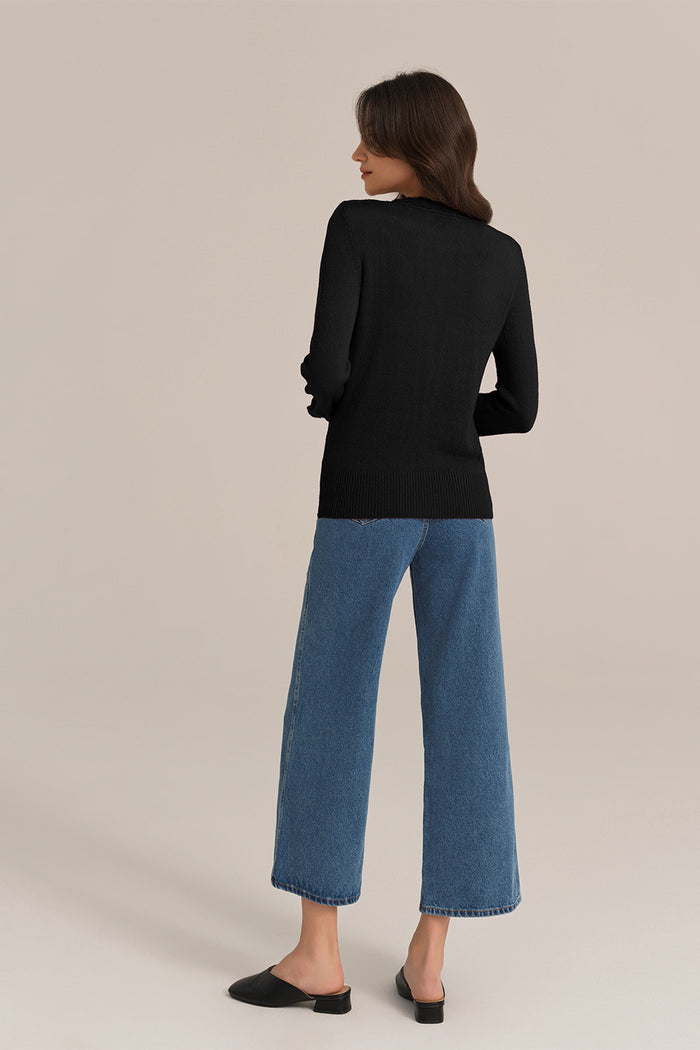 Grace Karin Hollowed-out Long Sleeve V-Neck Wide Ribbed Hem Knitted Cardigan - Black