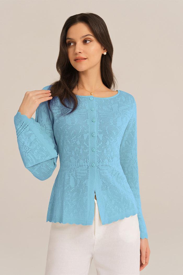 Grace Karin Hollowed Out Ruffle Hem Knitted Bell Cardigan Long Sleeve - Blue
