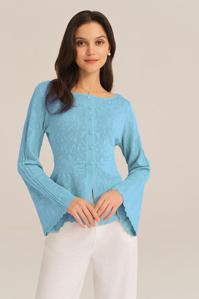 Grace Karin Hollowed Out Ruffle Hem Knitted Bell Cardigan Long Sleeve - Blue