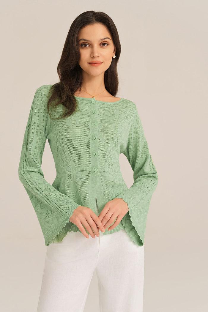 grace karin Hollowed Out Ruffle Hem Knitted Bell Cardigan Long Sleeve - Green