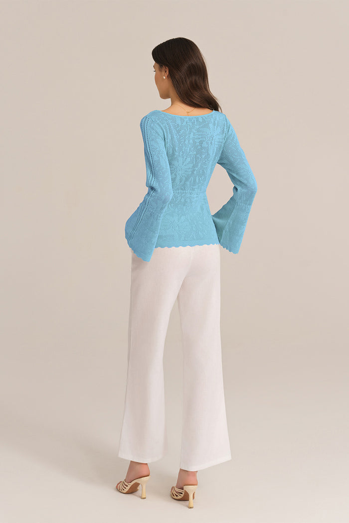 Grace Karin Hollowed Out Ruffle Hem Knitted Bell Cardigan Long Sleeve - Blue