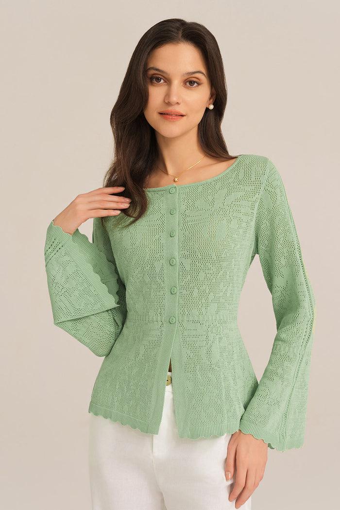 Grace Karin Hollowed Out Ruffle Hem Knitted Bell Cardigan Long Sleeve - Green