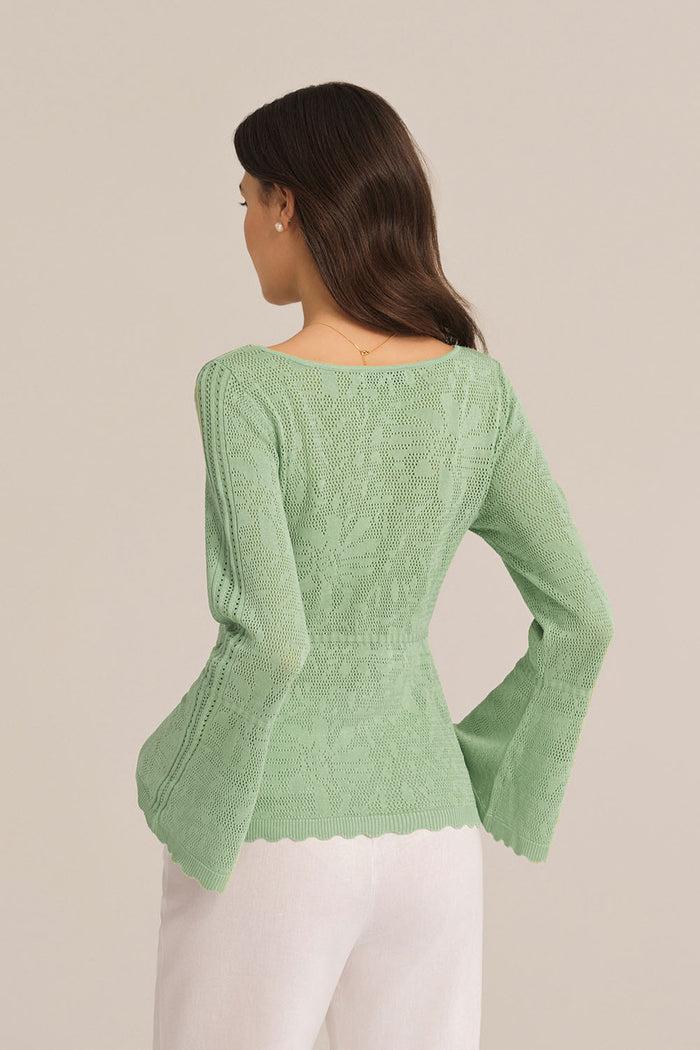Grace Karin Hollowed Out Ruffle Hem Knitted Bell Cardigan Long Sleeve - Green