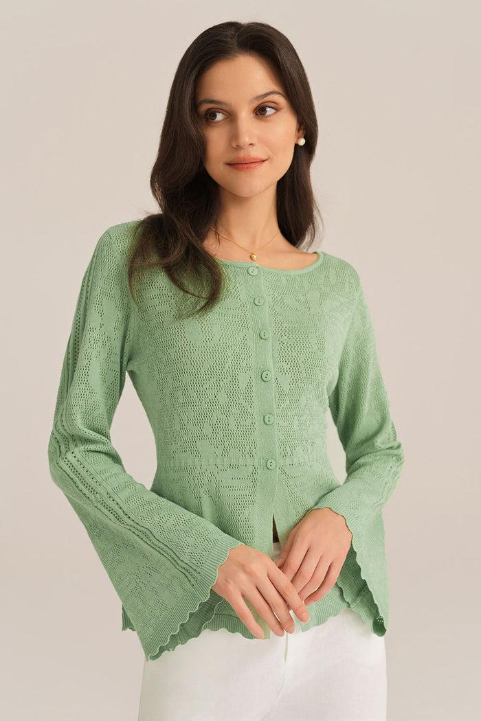 Grace Karin Hollowed Out Ruffle Hem Knitted Bell Cardigan Long Sleeve - Green