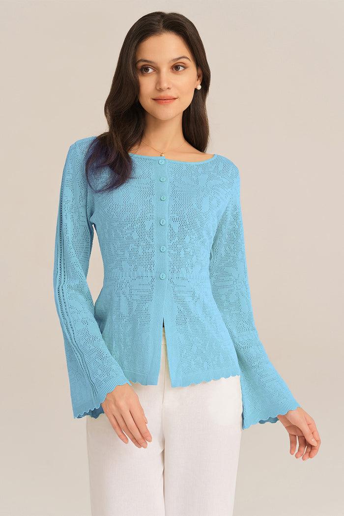 grace karin Hollowed Out Ruffle Hem Knitted Bell Cardigan Long Sleeve - Blue