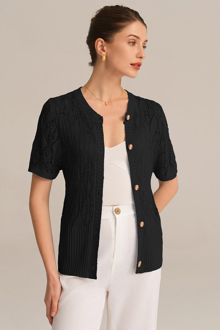 Grace Karin Hollowed-out Short Sleeve Crew Neck Button-up Knitted Cardigan - Black