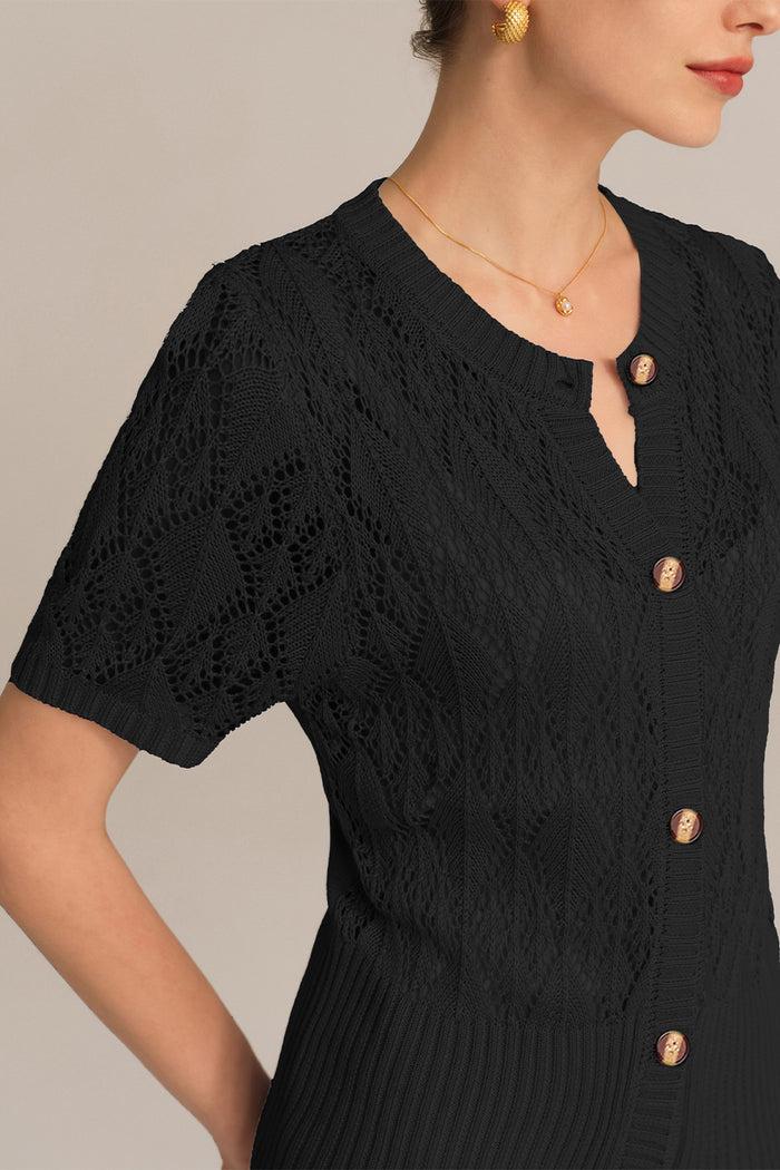 Grace Karin Hollowed-out Short Sleeve Crew Neck Button-up Knitted Cardigan - Black