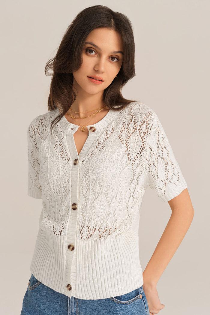 Grace Karin Hollowed-out Short Sleeve Crew Neck Button-up Knitted Cardigan - White