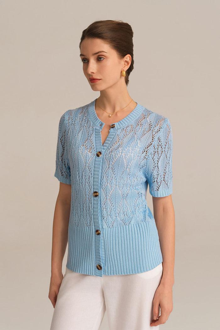 Grace Karin Hollowed-out Short Sleeve Crew Neck Button-up Knitted Cardigan - Blue
