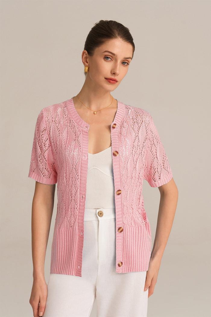 Grace Karin Hollowed-out Short Sleeve Crew Neck Button-up Knitted Cardigan - Pink
