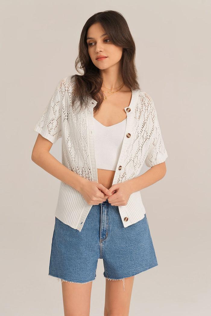Grace Karin Hollowed-out Short Sleeve Crew Neck Button-up Knitted Cardigan - White