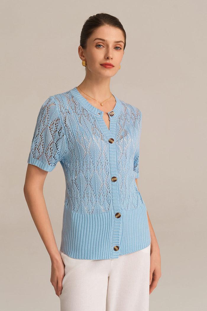 grace karin Hollowed-out Short Sleeve Crew Neck Button-up knitted Cardigan - Blue