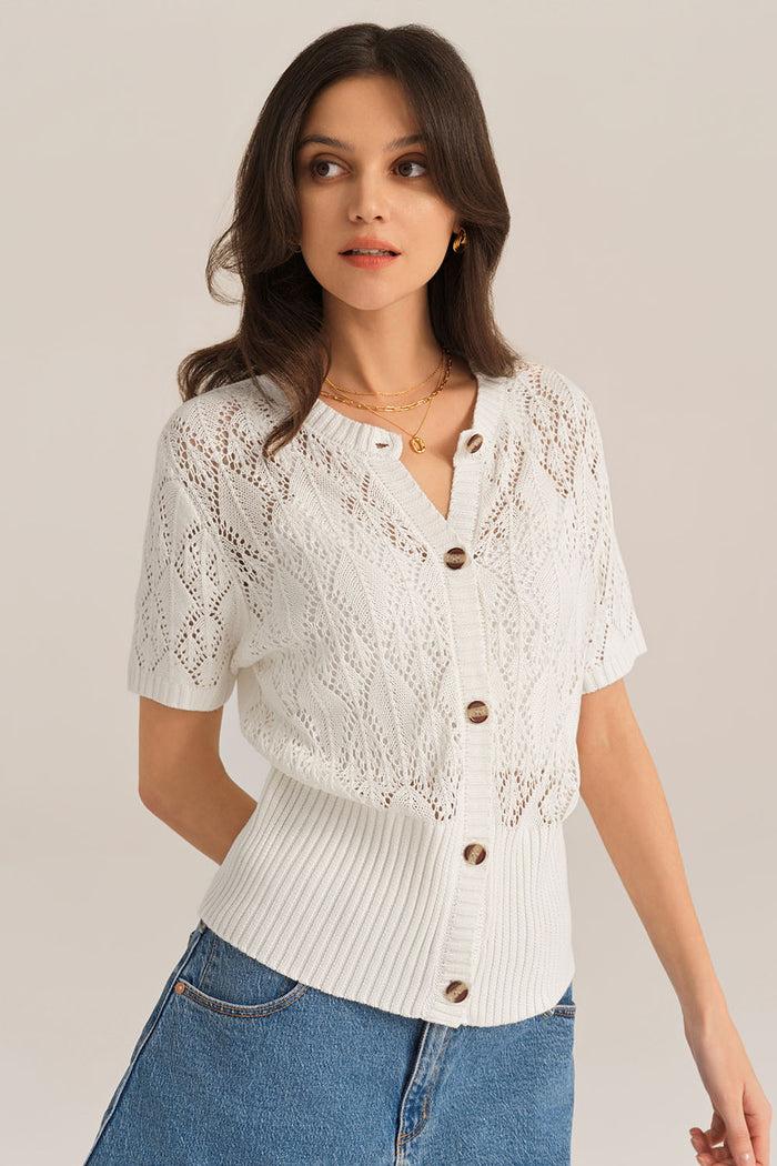 grace karin Hollowed-out Short Sleeve Crew Neck Button-up knitted Cardigan - White