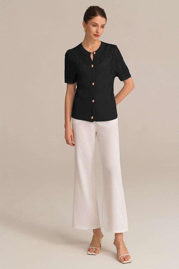 Grace Karin Hollowed-out Short Sleeve Crew Neck Button-up Knitted Cardigan - Black