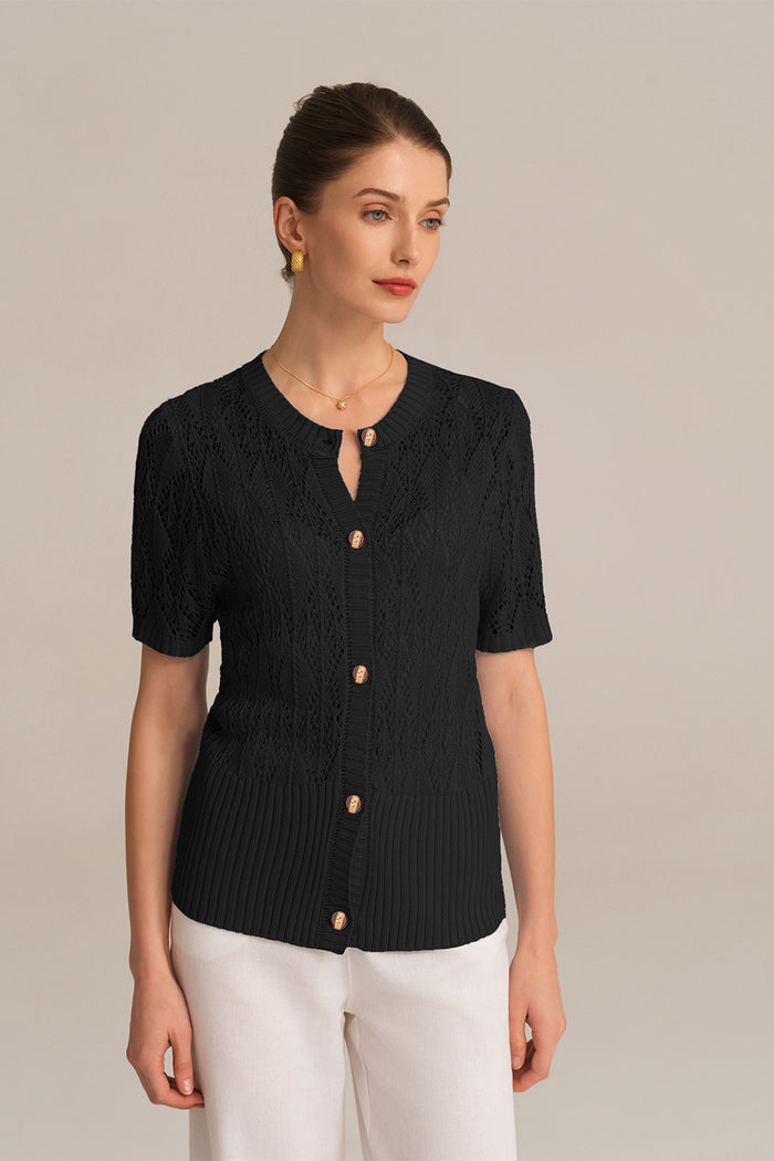 grace karin Hollowed-out Short Sleeve Crew Neck Button-up knitted Cardigan - Black