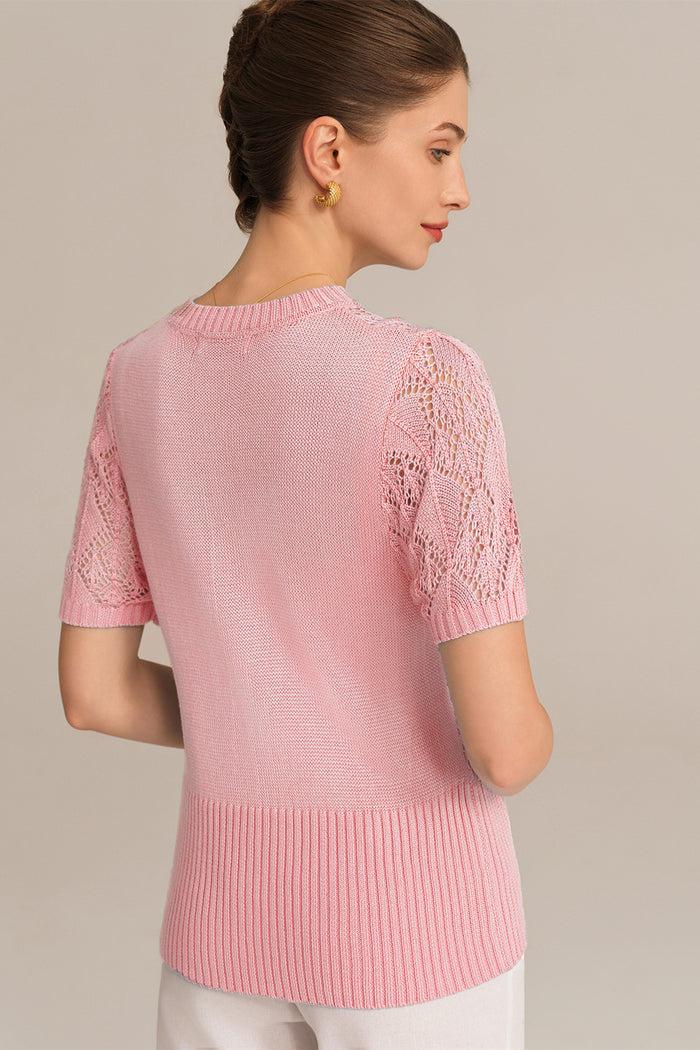 Grace Karin Hollowed-out Short Sleeve Crew Neck Button-up Knitted Cardigan - Pink