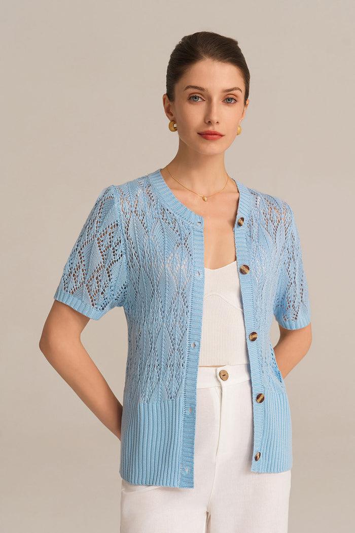 Grace Karin Hollowed-out Short Sleeve Crew Neck Button-up Knitted Cardigan - Blue