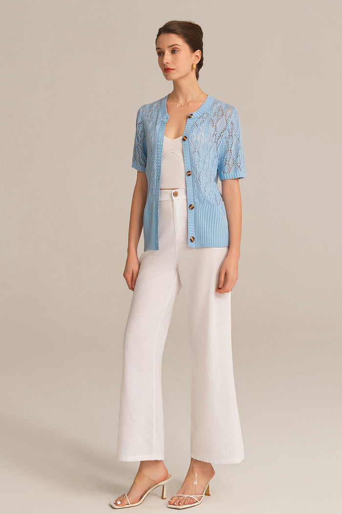Grace Karin Hollowed-out Short Sleeve Crew Neck Button-up Knitted Cardigan - Blue