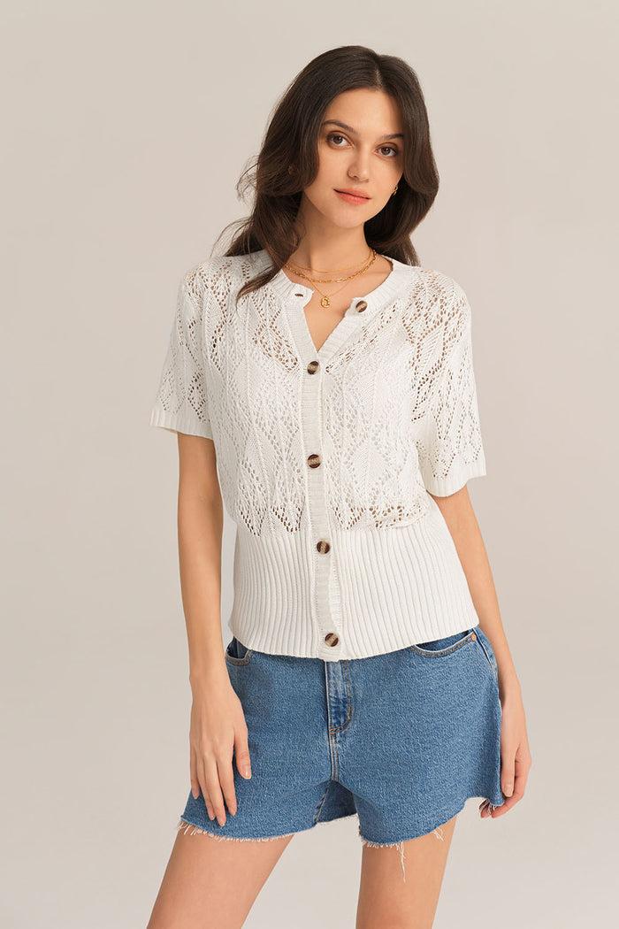 Grace Karin Hollowed-out Short Sleeve Crew Neck Button-up Knitted Cardigan - White