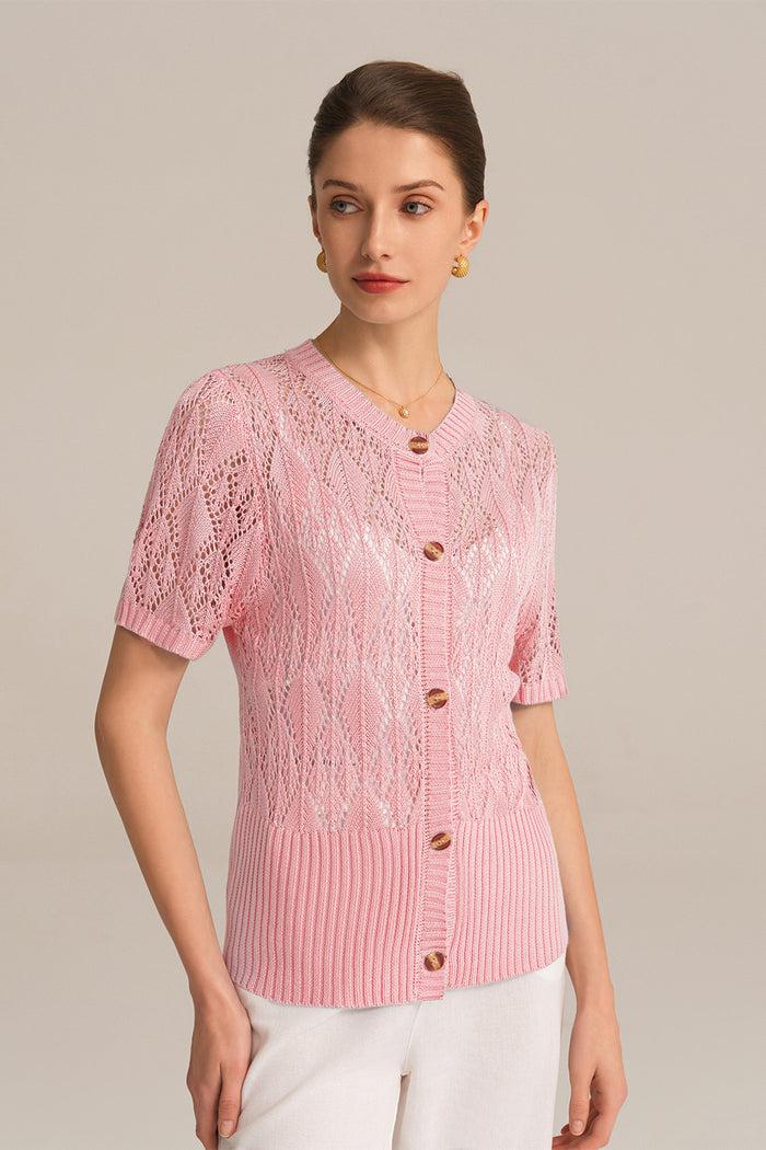 Grace Karin Hollowed-out Short Sleeve Crew Neck Button-up Knitted Cardigan - Pink