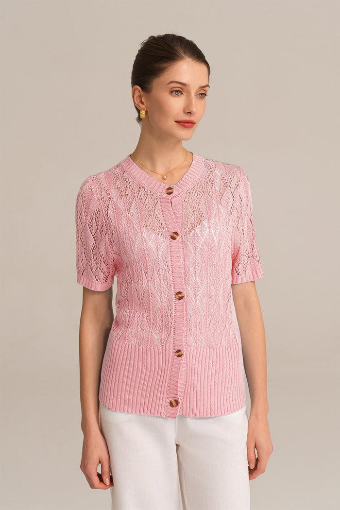grace karin Hollowed-out Short Sleeve Crew Neck Button-up knitted Cardigan - Pink