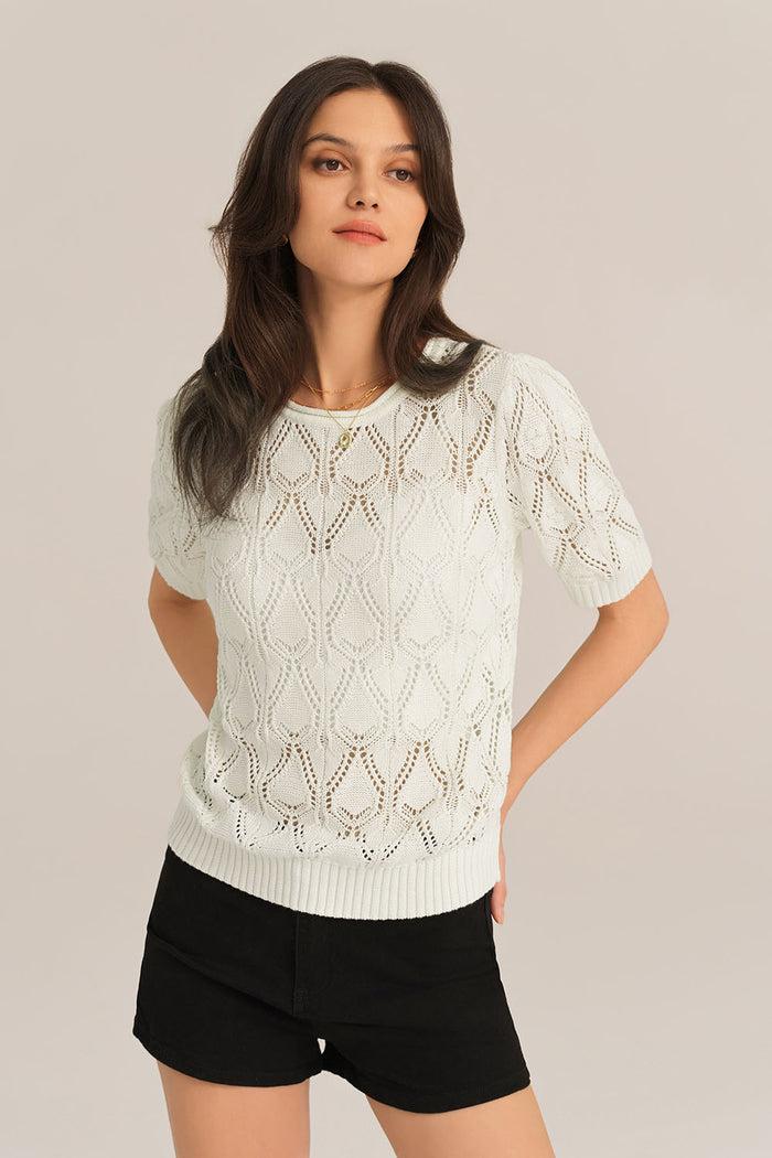 grace karin Hollowed-out Short Sleeve Crew Neck Knit Tops