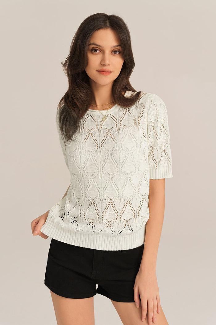 Grace Karin Hollowed-out Short Sleeve Crew Neck Knit Tops