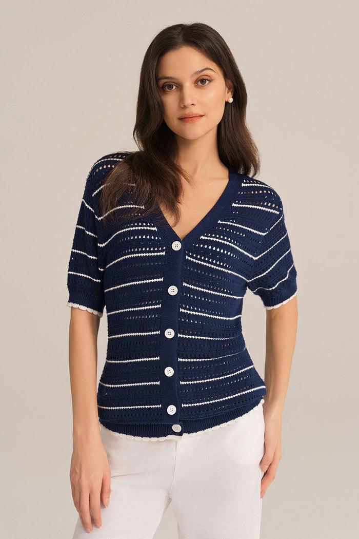Grace Karin Hollowed-out Short Sleeve V-Neck Stripped Knitted Cardigan - Blue