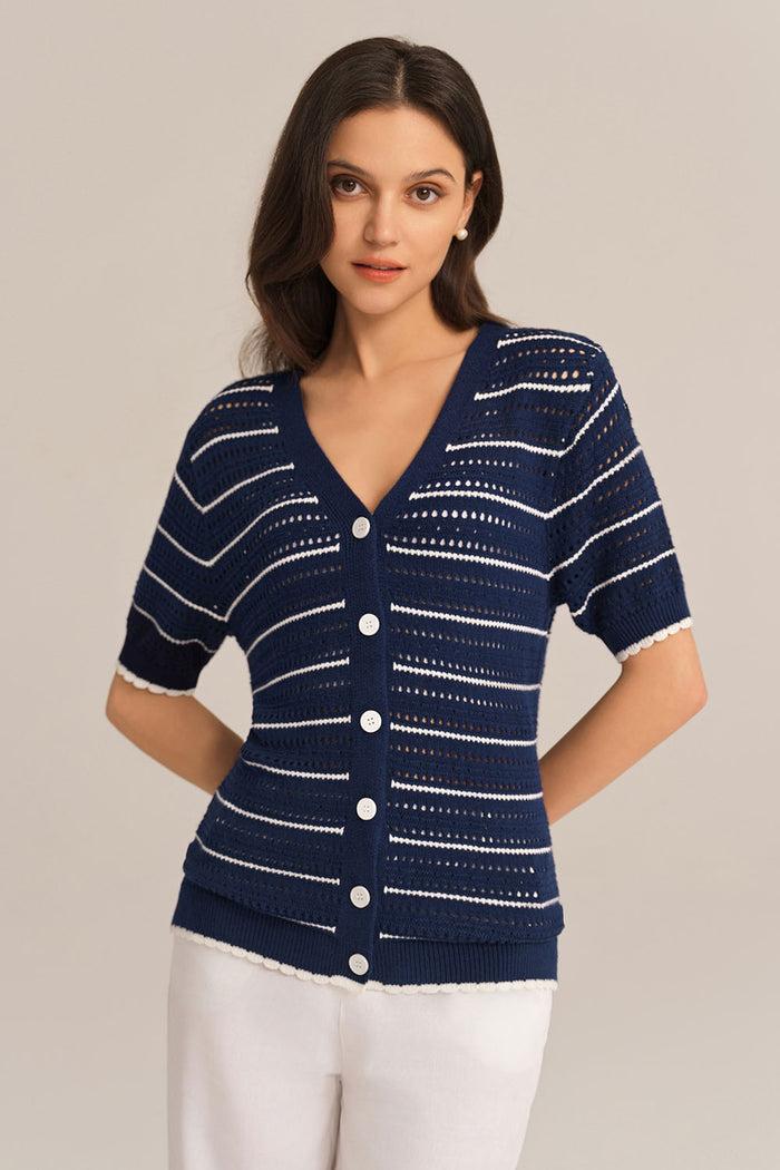 Grace Karin Hollowed-out Short Sleeve V-Neck Stripped Knitted Cardigan - Blue