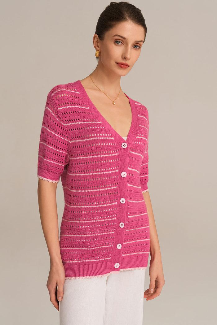 Grace Karin Hollowed-out Short Sleeve V-Neck Stripped Knitted Cardigan - Pink
