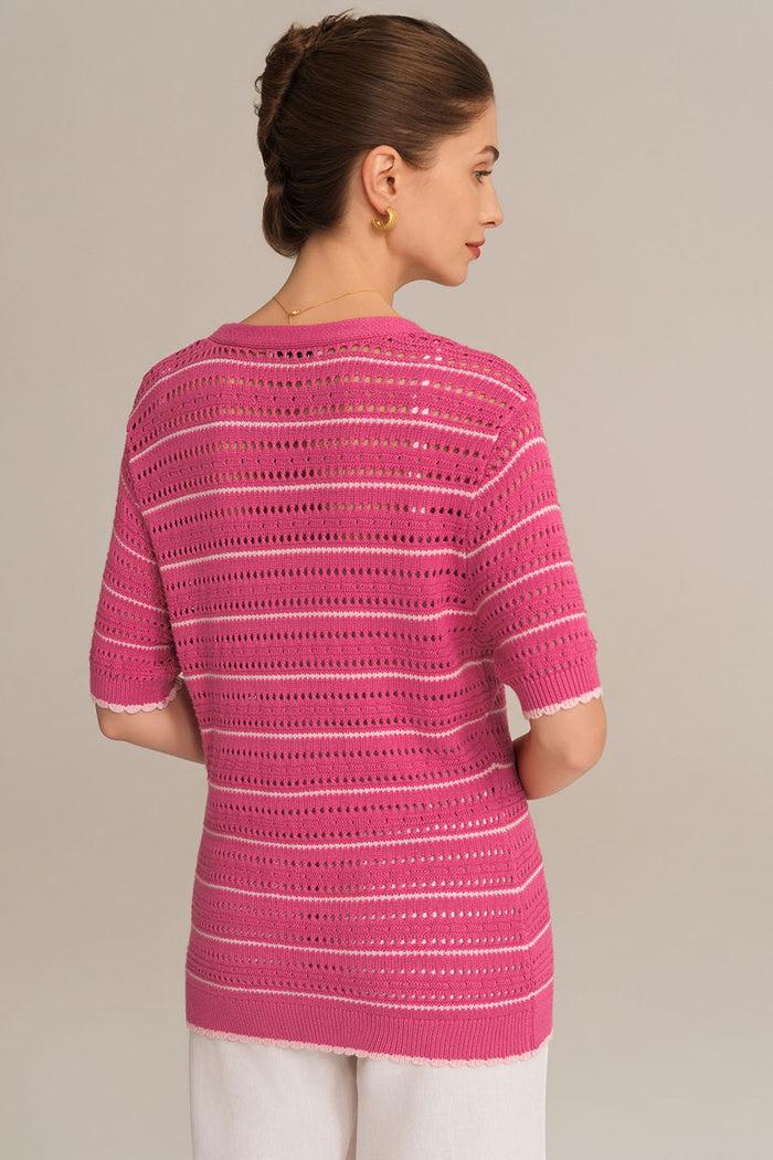 Grace Karin Hollowed-out Short Sleeve V-Neck Stripped Knitted Cardigan - Pink