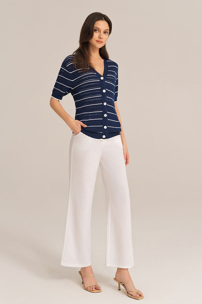 Grace Karin Hollowed-out Short Sleeve V-Neck Stripped Knitted Cardigan - Blue