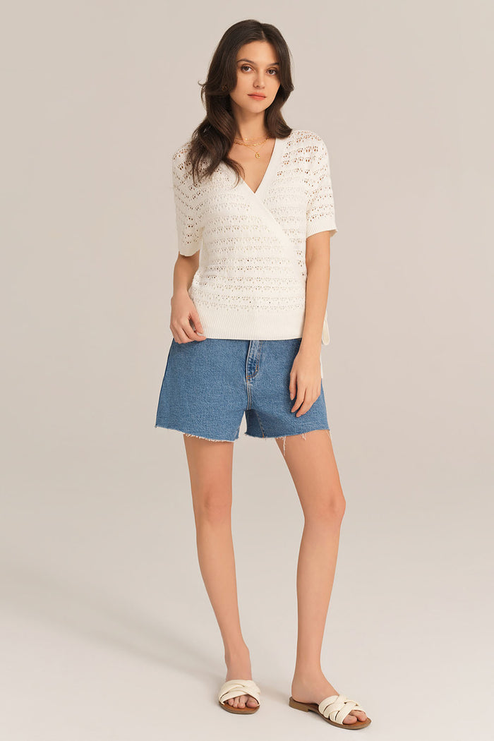 Grace Karin Hollowed-out Short Sleeve V-Neck Wrap Front Knitted Cardigan