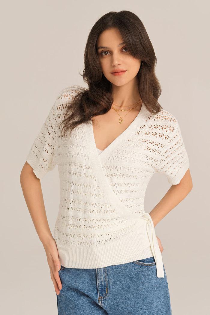 grace karin Hollowed-out Short Sleeve V-Neck Wrap Front Knitted Cardigan