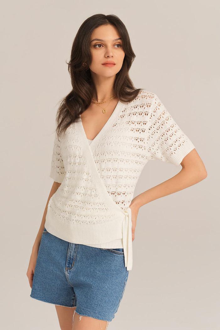 Grace Karin Hollowed-out Short Sleeve V-Neck Wrap Front Knitted Cardigan