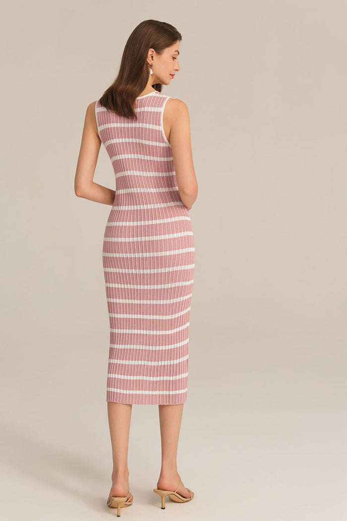 Grace Karin Hollowed-out Sleeveless U-Neck Front Slit Knitted Dress - Pink