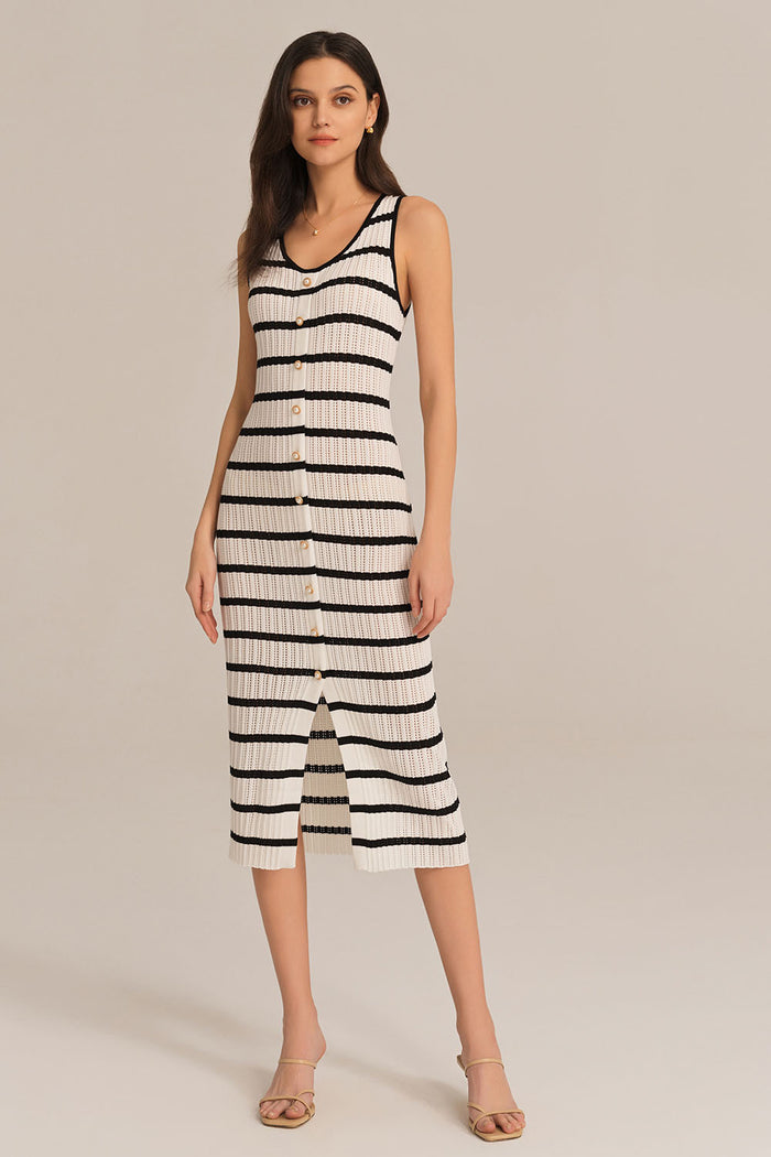 grace karin Hollowed-out Sleeveless U-Neck Front Slit Knitted Dress - White